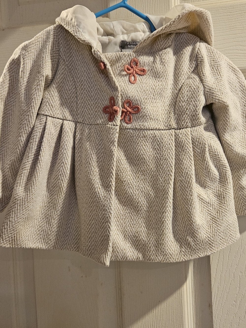 Tahari Baby Girls Cream Herringbone Pleated Dress Coat 6-9 months